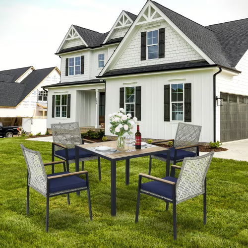 Enyopro 5 Piece Outdoor Patio Dining Table Set, Rattan Wicker Chairs & Acacia Wood Table with Umbrella Hole, All Weather Garden Furniture Conversation Set for Porch, Balcony, Backyard, Lawn