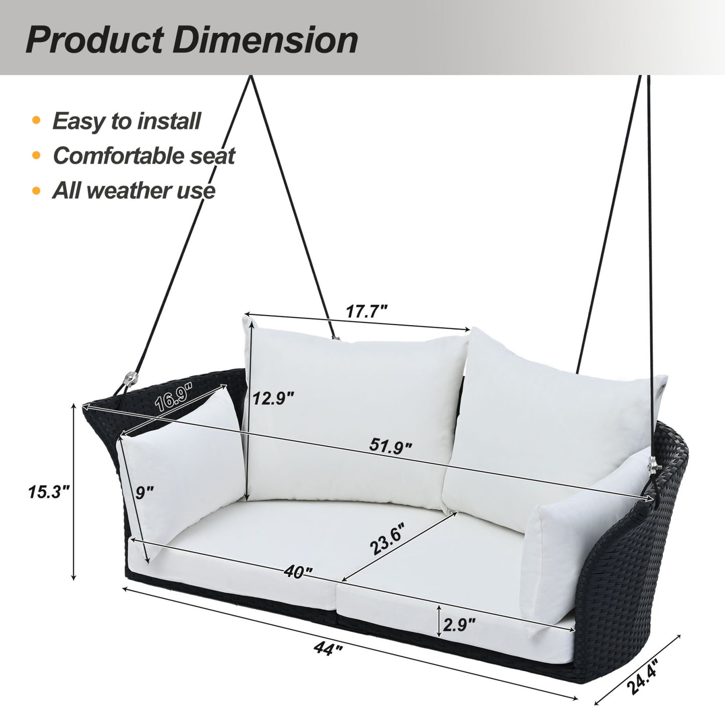 2-Person Porch Swing, 51.9" Patio Swing, Rattan Woven Porch Swings Outdoor with Ropes, Gray Wicker and 2 Back Cushions Capacity 500lbs for Garden, Balcony, Living Room
