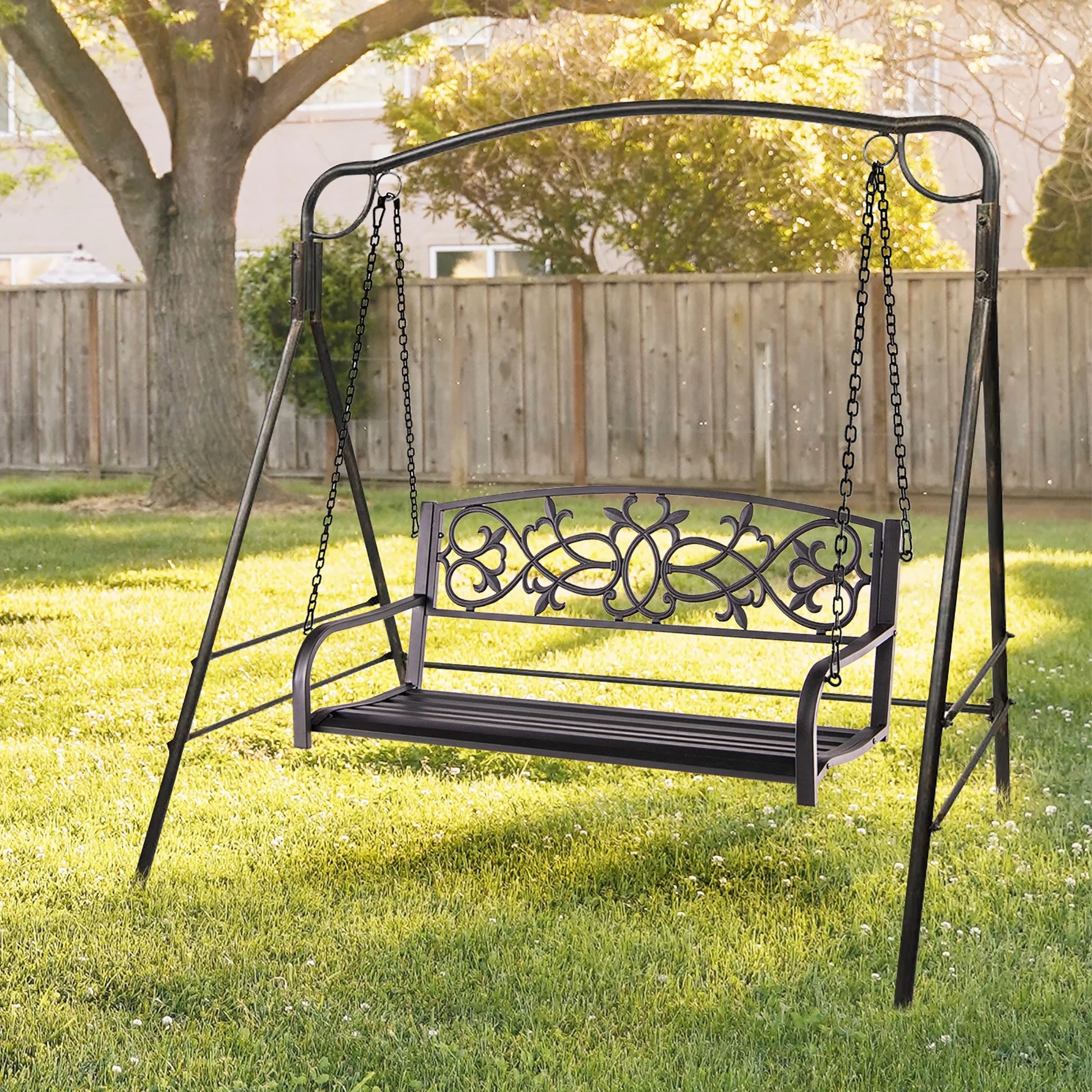 Costway 2-Person Metal Outdoor Porch Swing Hanging Patio Bench 485 Lbs Capacity Brown