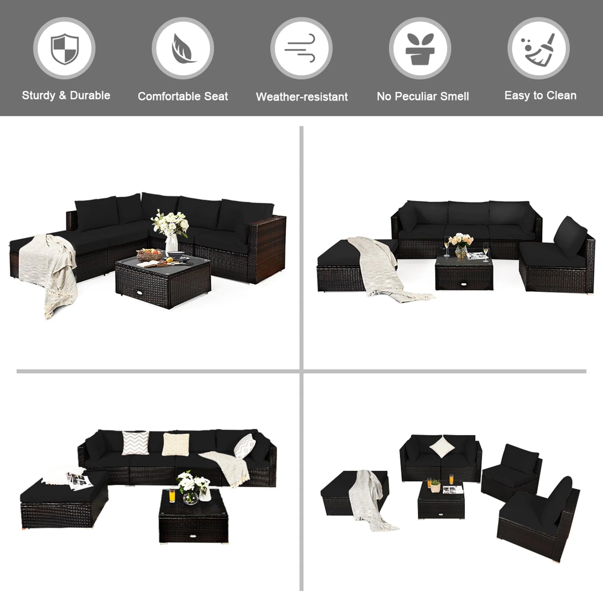 Gymax 6PCS Rattan Patio Sectional Sofa Set Outdoor Furniture Set w/Black Cushions
