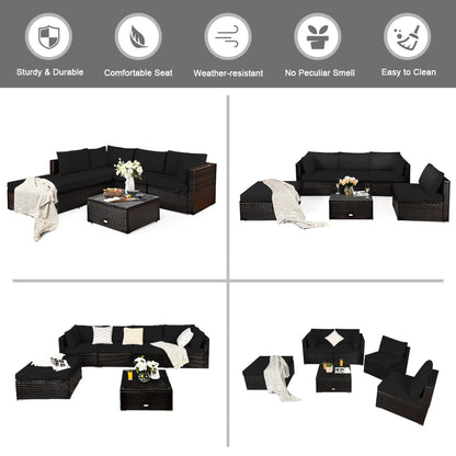 Gymax 6PCS Rattan Patio Sectional Sofa Set Outdoor Furniture Set w/Black Cushions
