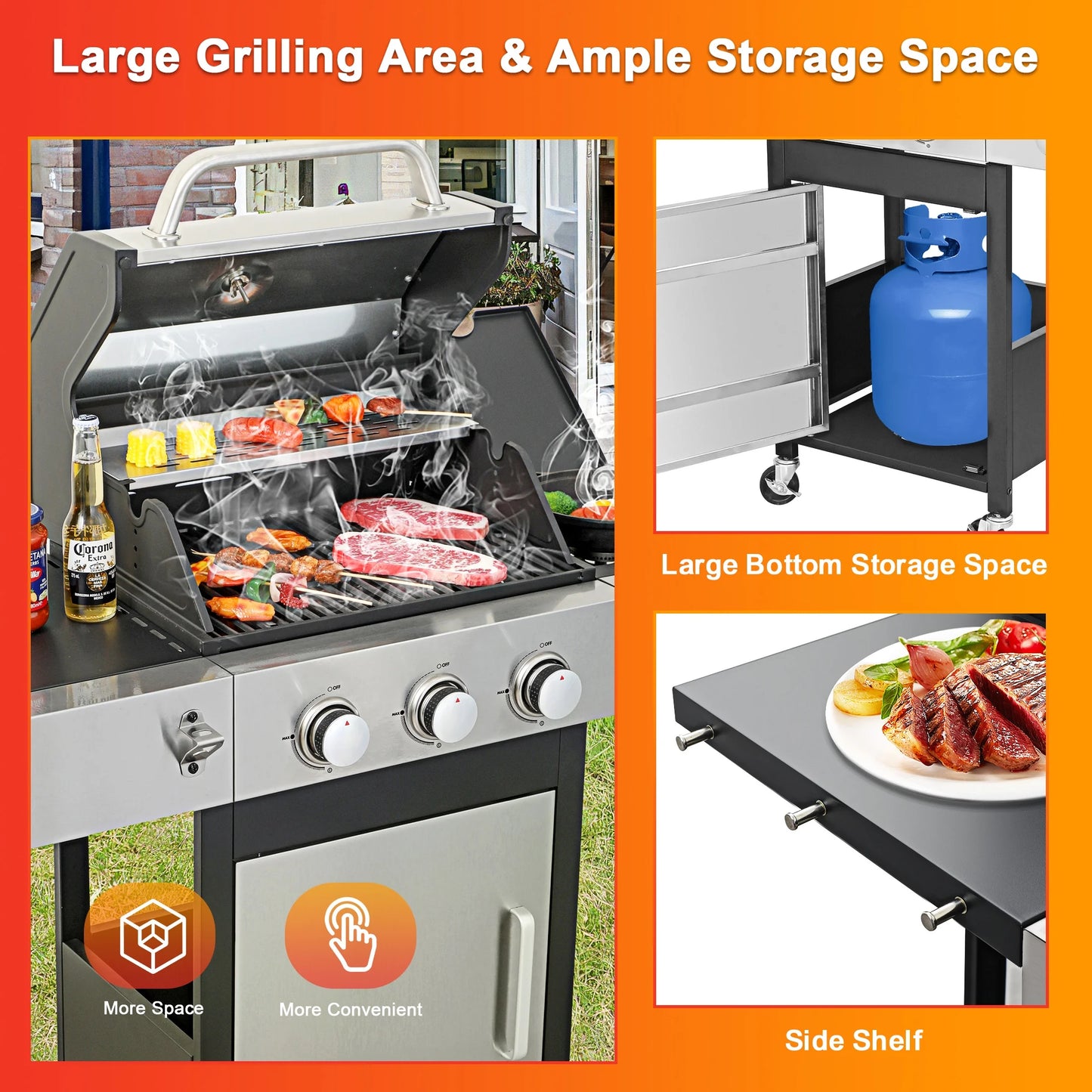 3-Burner Gas Grill with Side Burner, 37230 BTU Propane BBQ Grill with Porcelain-Enameled Cast Iron Grates, Build in Thermometer, Ideal for Patio Camping Outdoor Cooking