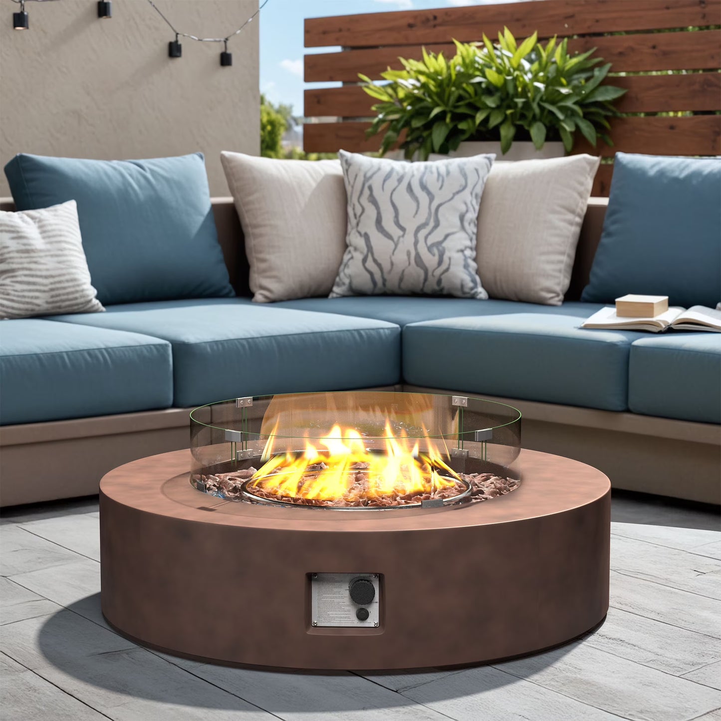 VENTOPYR 40.5-inch Outdoor Propane Fire Pit Coffee Table w Concrete Round Base Patio Heater, 50,000 BTU Stainless Steel Burner, Free Lava Rocks, Wind Guard, Rain Cover