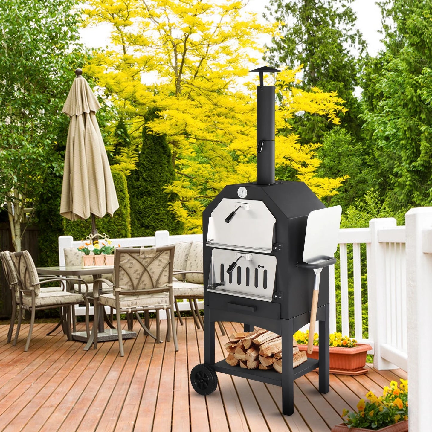 Ktaxon Outdoor Pizza Oven 14 Inch Wood Fired Pizza Oven Patio Pizza Maker w/Pizza Stone, Pizza Peel, Grill Rack