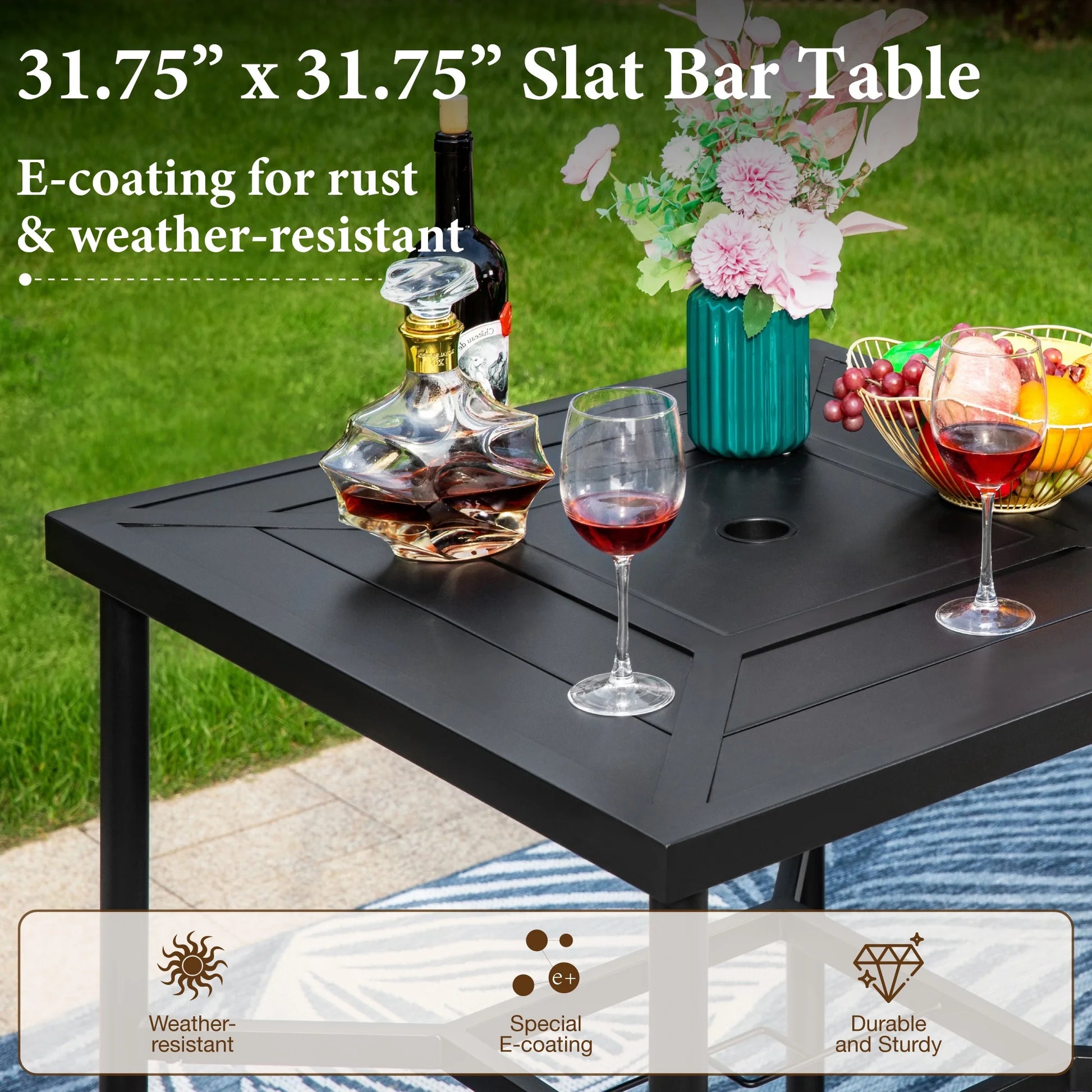 Summit Living Outdoor Bar Table, 38.25"H Metal Patio Square Bistro Table with Umbrella Hole,Black