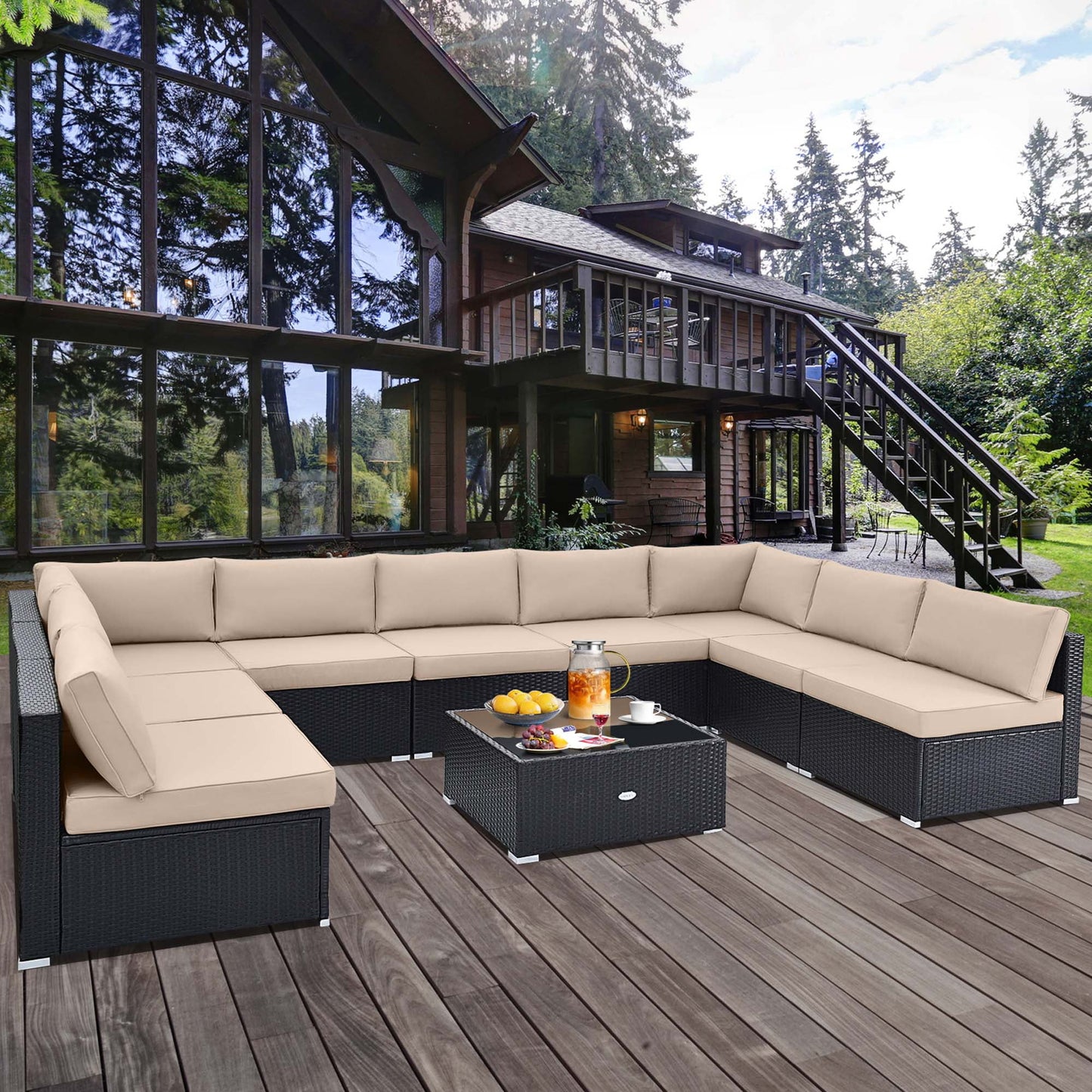 Costway 10 PCS Patio Rattan Furniture Set Outdoor Wicker Sofa Table Cushioned Seat Beige