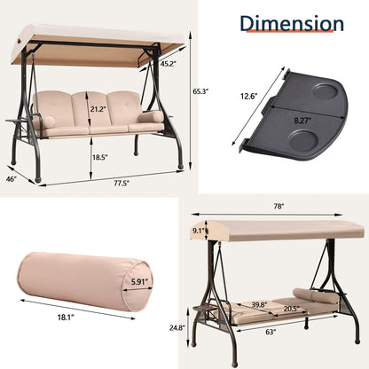 NOBLEMOOD 3-Seat Patio Porch Swing with Adjustable Canopy, Thickened Cushion & Foldable Tray, Red