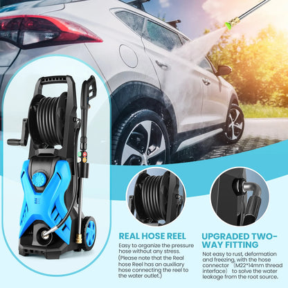 5000 Psi Electric Pressure Washer, 2.8 Gpm Power Washer with 33FT Extension Hose Reel, Pressure Adjustable (2500PSI-5000PSI), 4 Quick Connect Nozzles and Foam Cannon for Car/Fence/Patio(Blue)