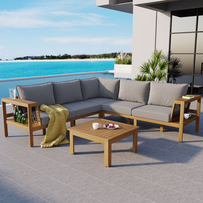 Harper & Bright Designs Patio L-Shaped Conversation Sectional Sofa Set with Coffee Table, Outdoor Acacia Wood Seating Group with Side Table for Backyard Garden, Beige, Grayish Brown