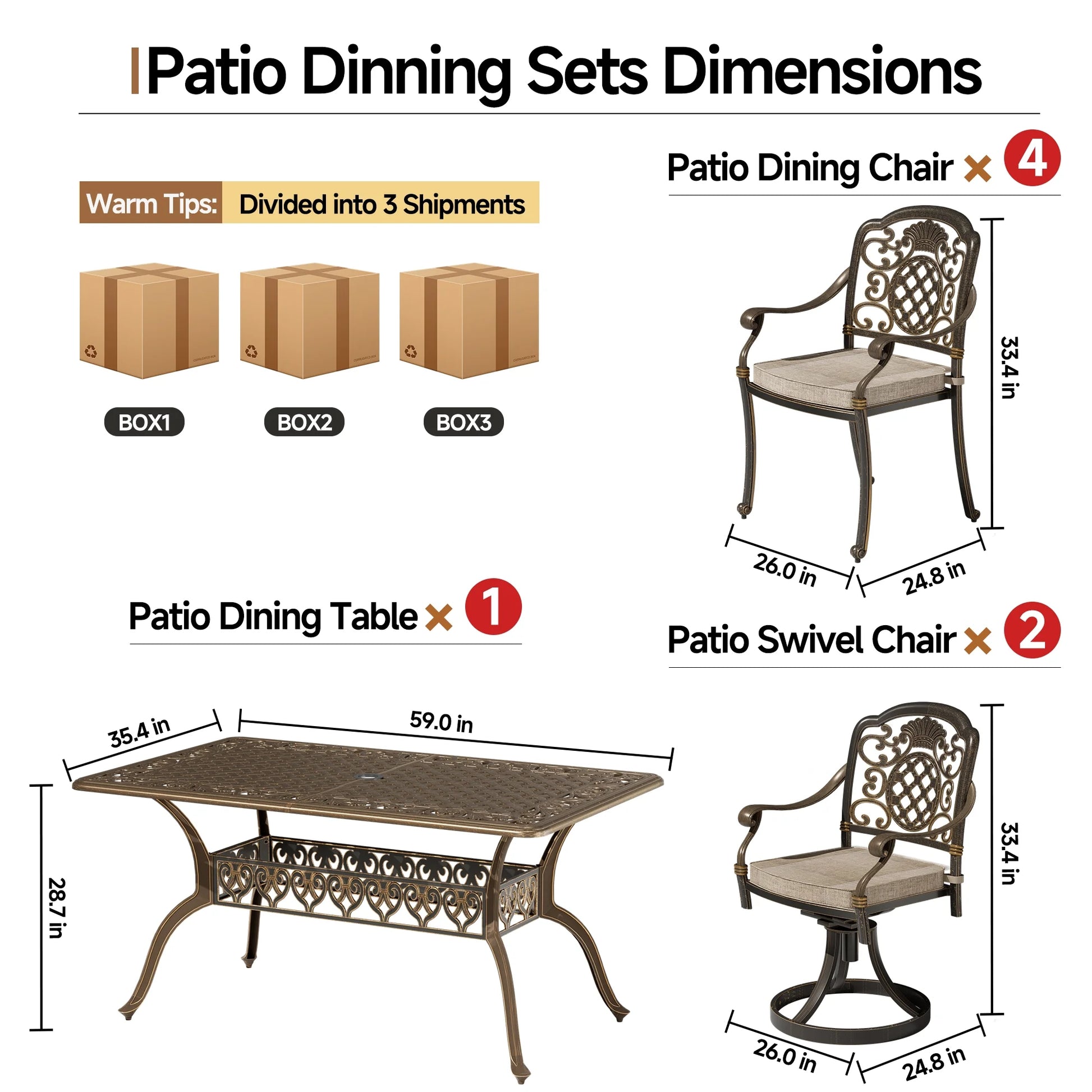 7-Piece Patio Furniture Dining Set, All-Weather Cast Aluminum Outdoor Table and Chairs for 6, Includes 4 Dining Chair & 2 Swivel Chairs & 60? Rectangular Table, Beige