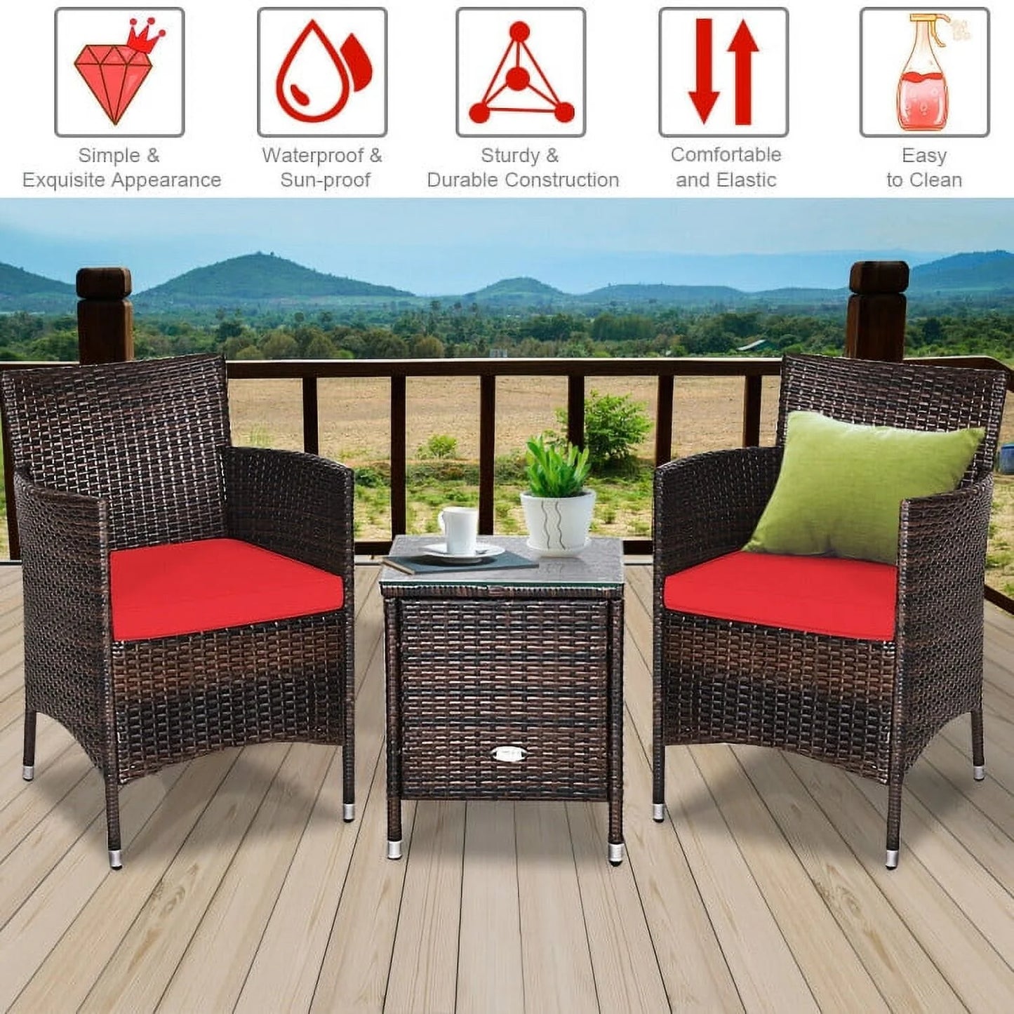 Topcobe 3 Piece Wicker Patio Furniture Set, Wicker Outdoor Sectional with Washable and Removable Cushion for Patio, B-Red