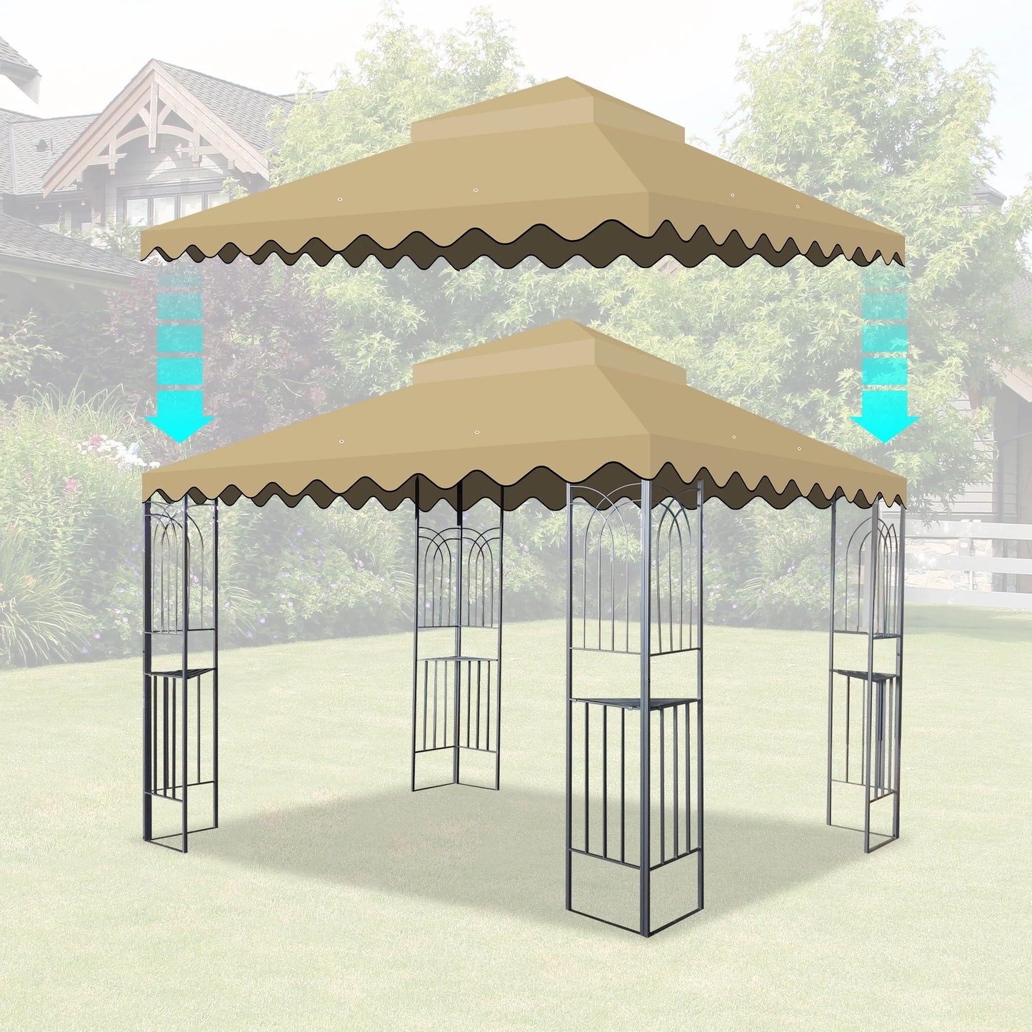 10x10 Ft Replacement Gazebo Canopy, Double Tiered Outdoor Patio Tent Roof Cover with Wavy Border, UV Protection & Water Repellent Polyester Fabric, Khaki (Frame Not Included)