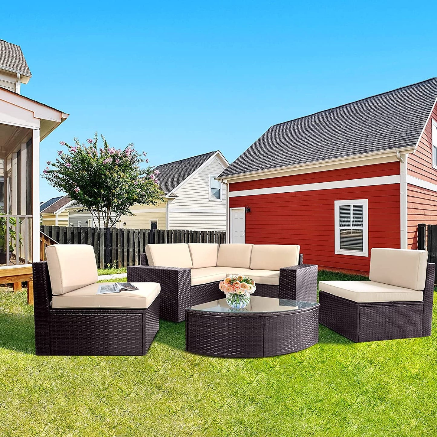 SOLAURA 6-Piece Patio Furniture Outdoor Conversation Set Patio All-Weather Wicker Sectional Sofa with Glass Coffee Table and Brown Cushions
