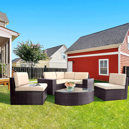 SOLAURA 6-Piece Patio Furniture Outdoor Conversation Set Patio All-Weather Wicker Sectional Sofa with Glass Coffee Table and Brown Cushions