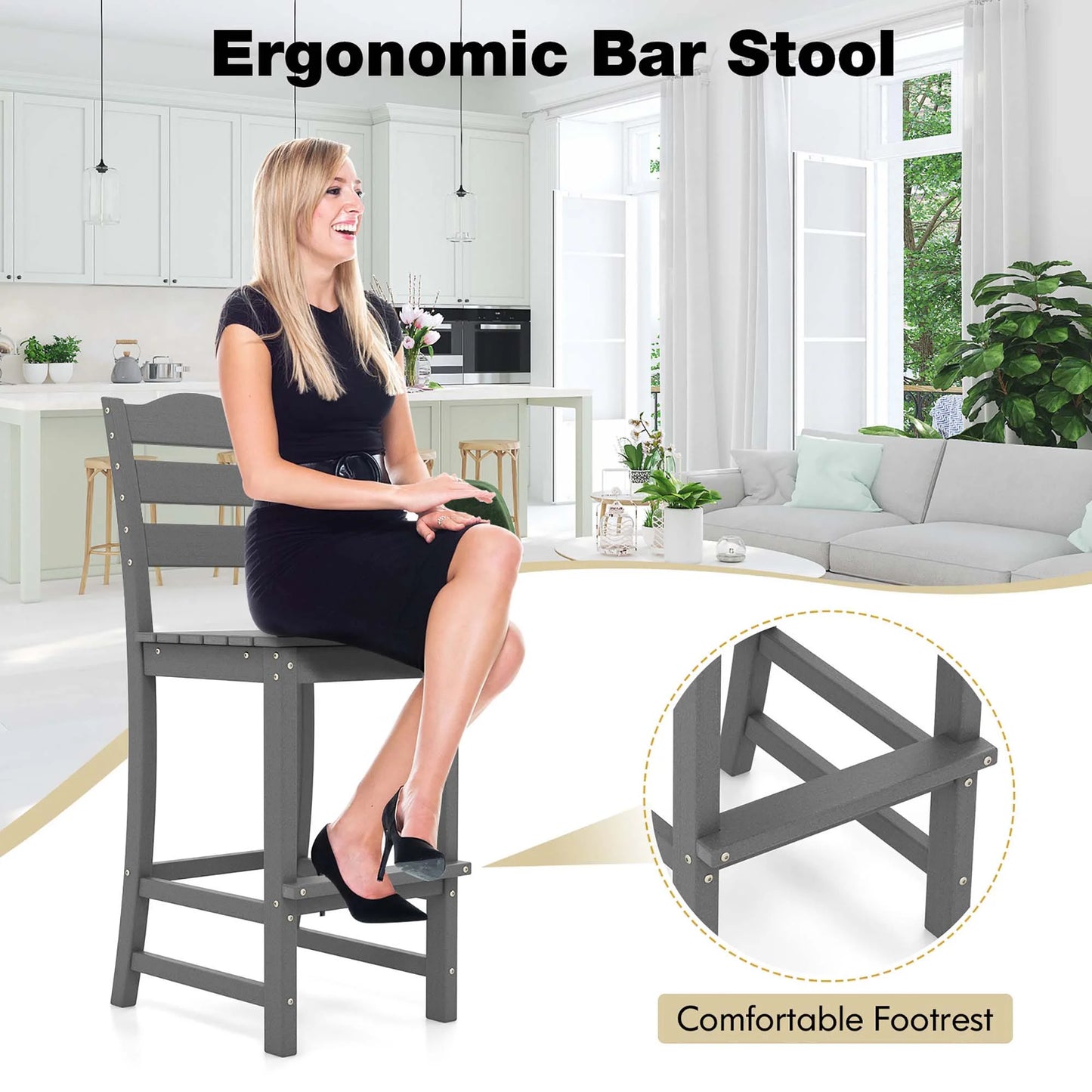 Costway Outdoor HDPE Bar Stool Patio Tall Chair Backrest Footrest All Weather Gray