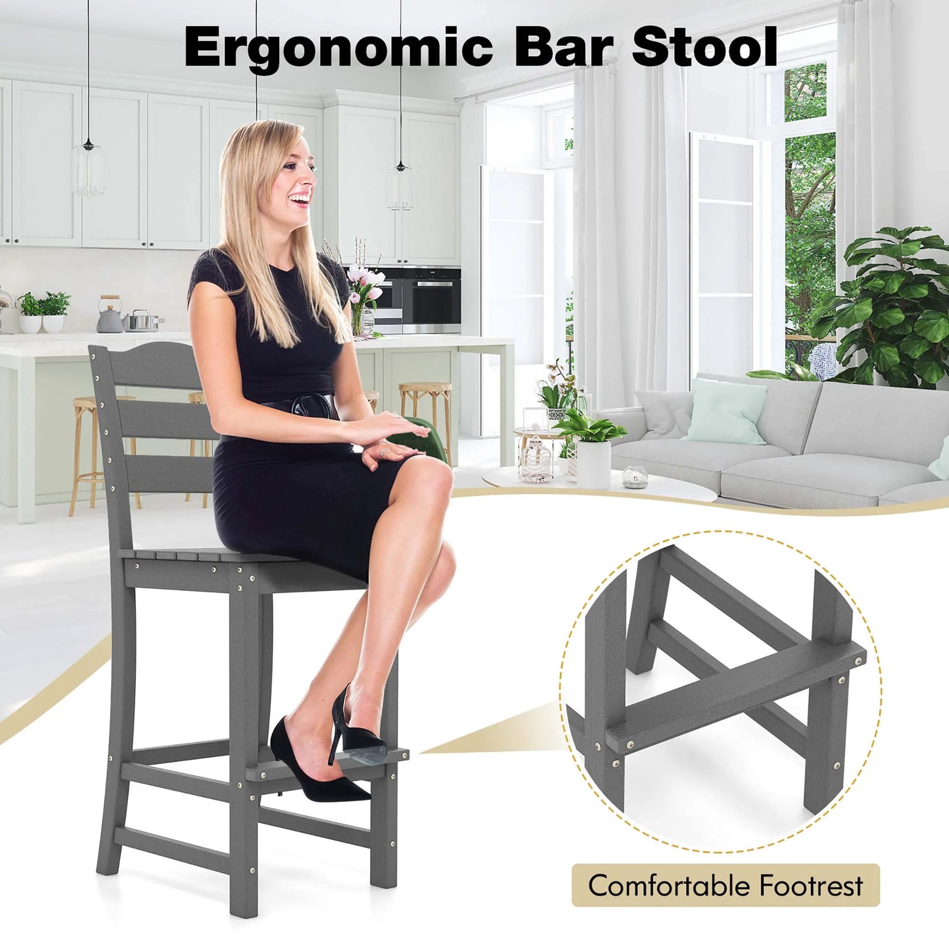 Costway Outdoor HDPE Bar Stool Patio Tall Chair Backrest Footrest All Weather Gray