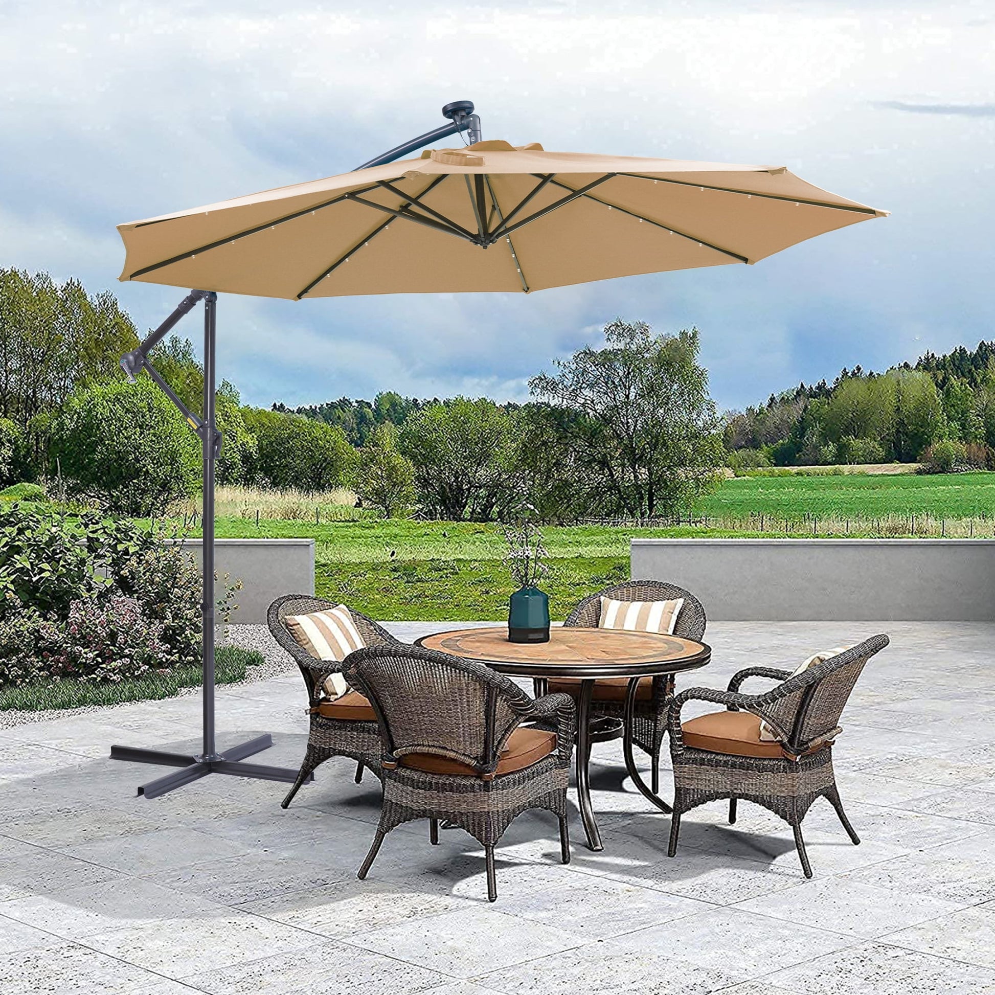 DUOSONG 10 Ft Solar Led Patio Outdoor Umbrella Hanging Cantilever Umbrella Offset Umbrella Easy Open Adustment With 32 Led Lights -Taupe taupe Metal Garden & Outdoor Canopies & Gazebos Umbrellas &