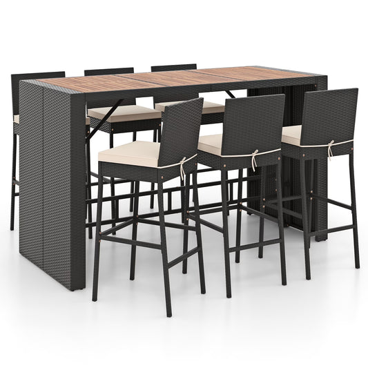 Gymax 7 Pieces Patio Bar Set w/Acacia Wood Tabletop & Removable Cushions Outdoor