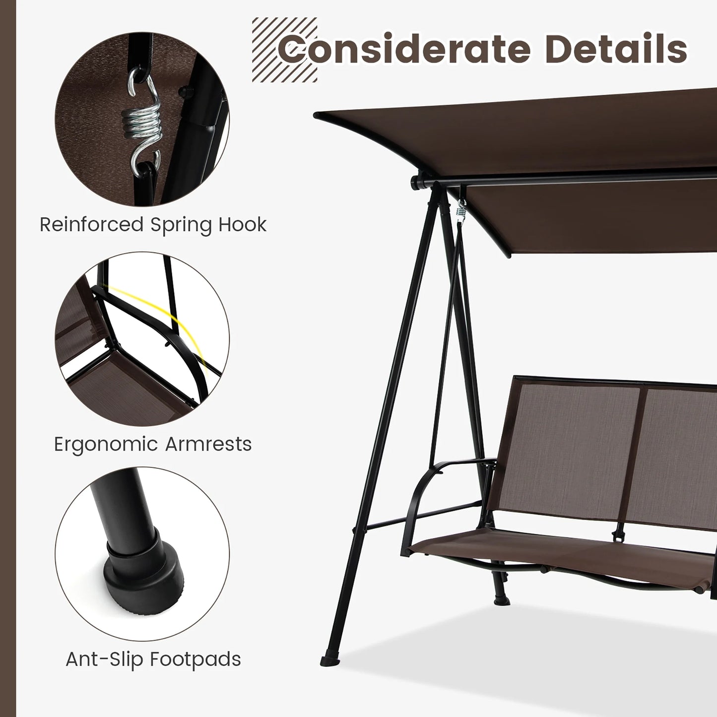 Gymax 2-Person Patio Swing Seat Swing Bench Canopy Swing Loveseat Outdoor Dark Brown