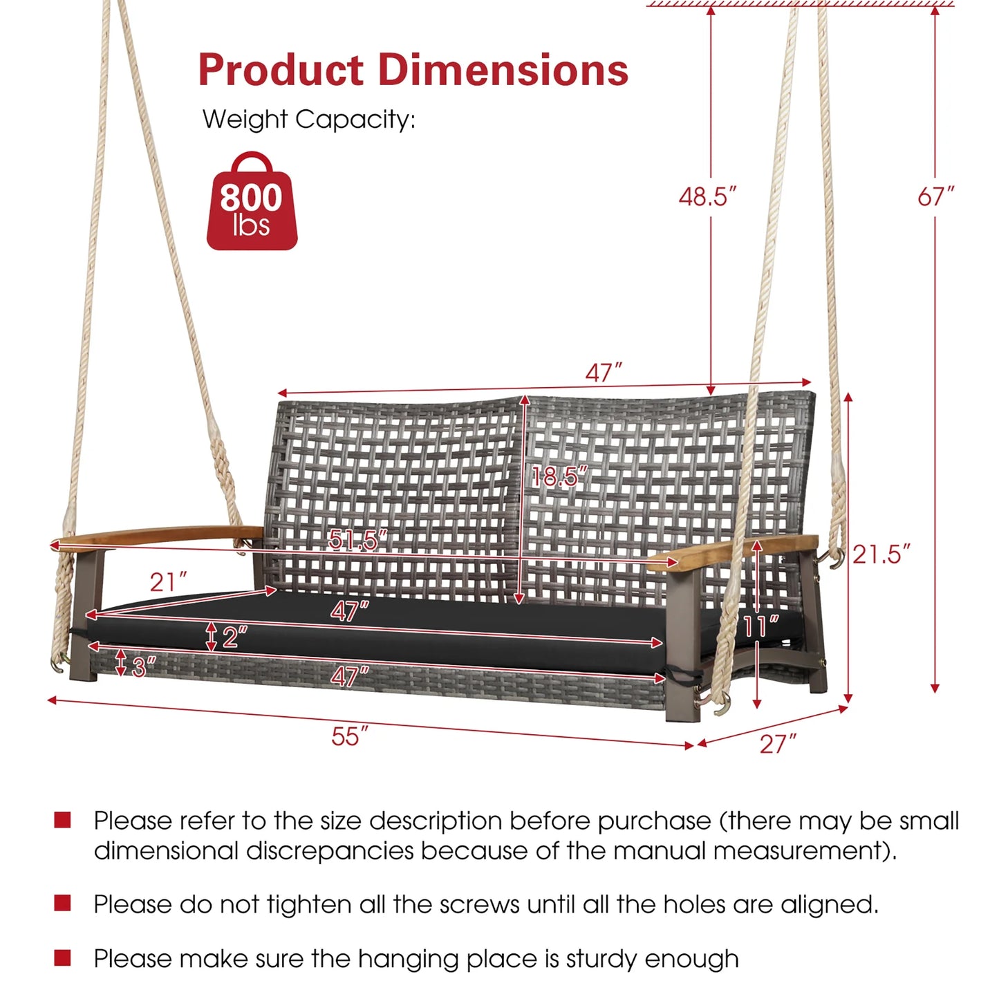 Gymax Rattan Patio Porch Swing 2-Person Cushioned Swing Chair Bench w/Hanging Ropes Off White