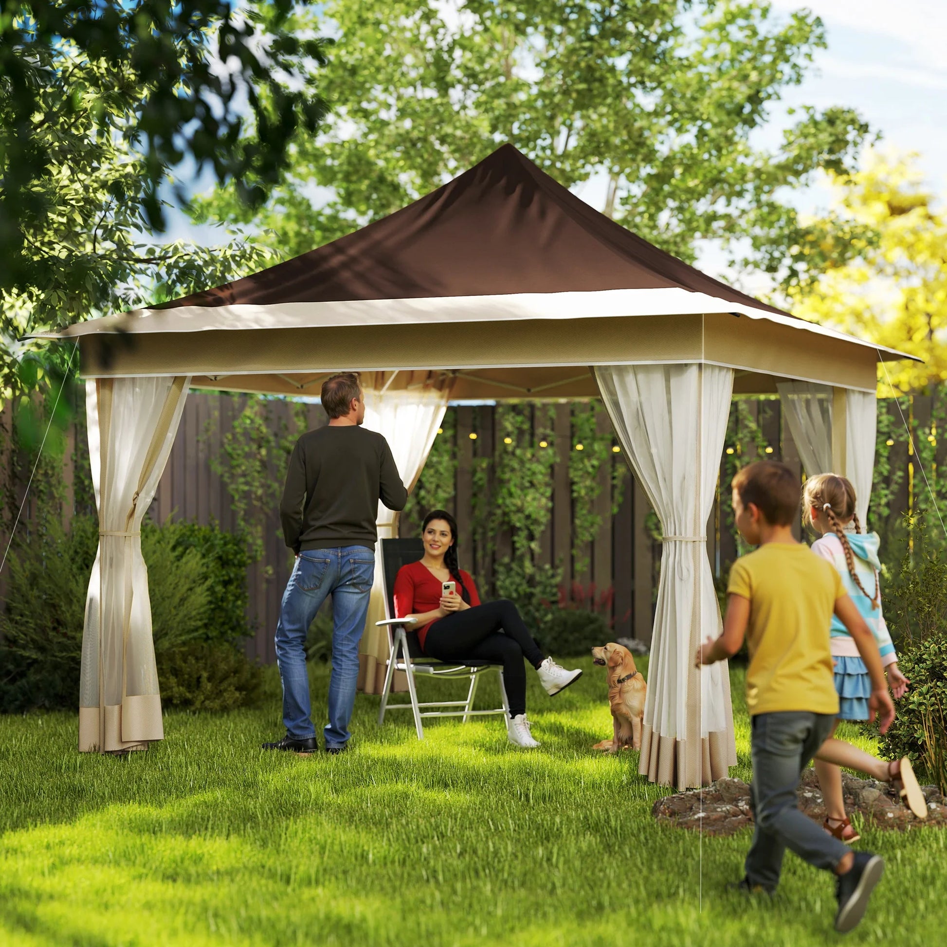 Homiyad 12' x 12' Canopy Tent with Mesh Netting, UPF50+ Pop Up Tent with Carry Bag for Garden, Patio, Brown