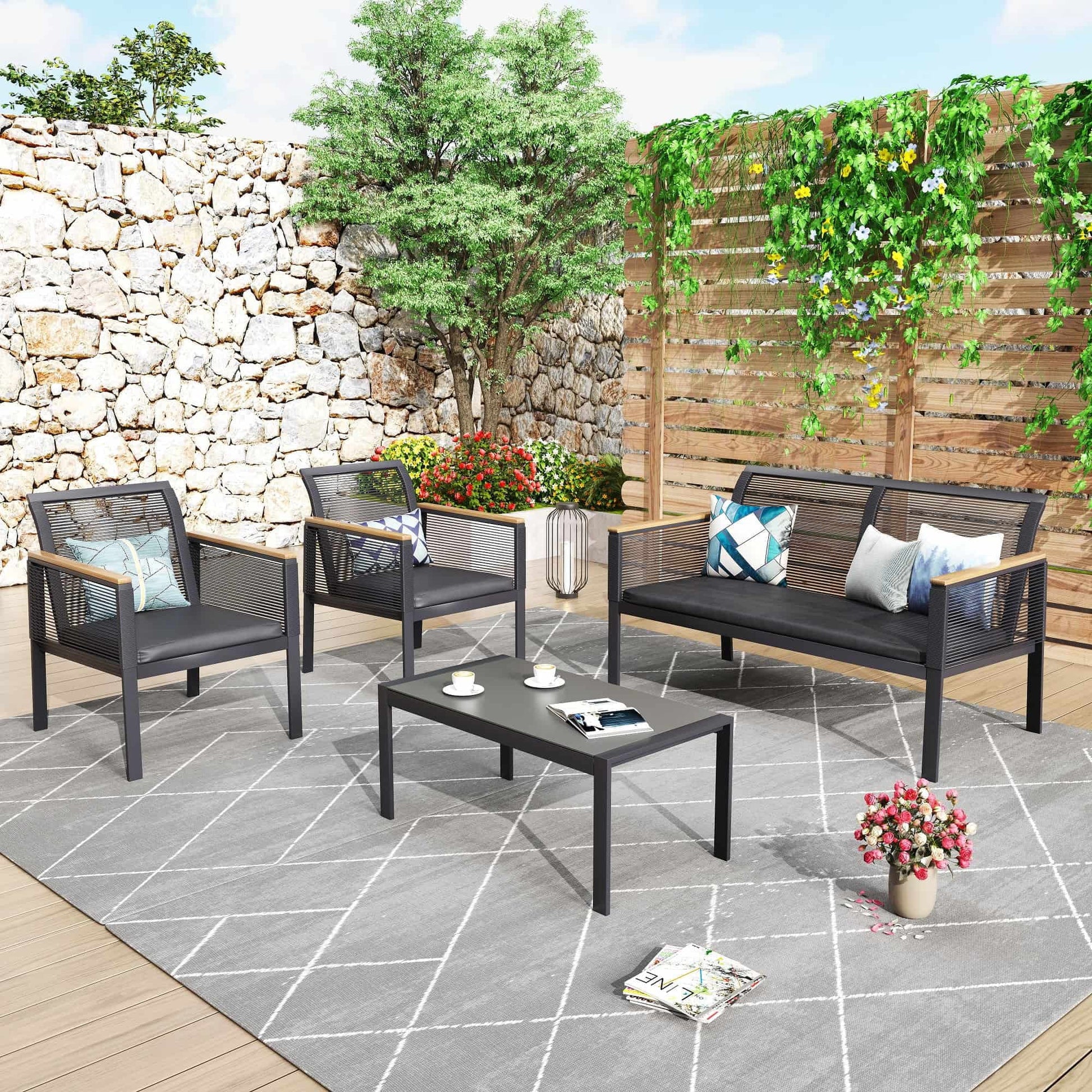 SUNTONE Patio Furniture Sofa Set - 4 Piece All Weather Wicker Outdoor Conversation Set, Rattan Chairs and Table, Black