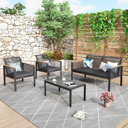 SUNTONE Patio Furniture Sofa Set - 4 Piece All Weather Wicker Outdoor Conversation Set, Rattan Chairs and Table, Black