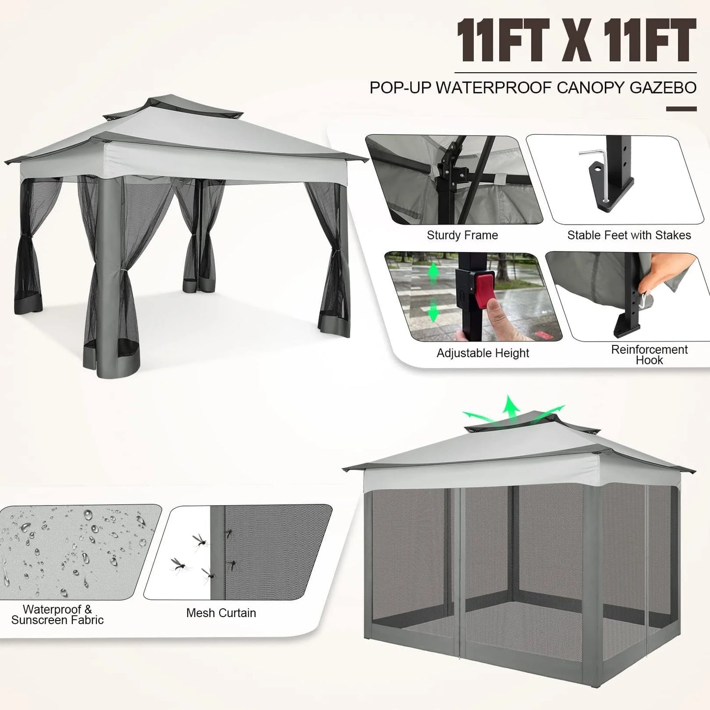 COBIZI 11x11 Pop up Gazebo Outdoor Canopy Gazebo Patio Gazebo with Mosquito Netting Canopy Shelter with 121 Square feet of Shade for Poolside, Garden, Party and Backyard, Gray
