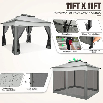 COBIZI 11x11 Pop up Gazebo Outdoor Canopy Gazebo Patio Gazebo with Mosquito Netting Canopy Shelter with 121 Square feet of Shade for Poolside, Garden, Party and Backyard, Gray