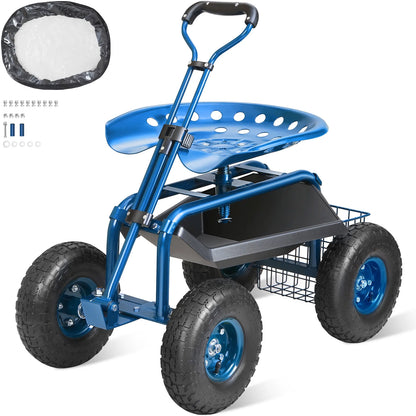 KFFKFF Outdoor Cart with Rotating Seat, Planting Stool on Wheels, Garden Trolley with Directional Handle and Handy Tool Tray, Ideal for Lawn, Patio, and Outside Areas, Blue