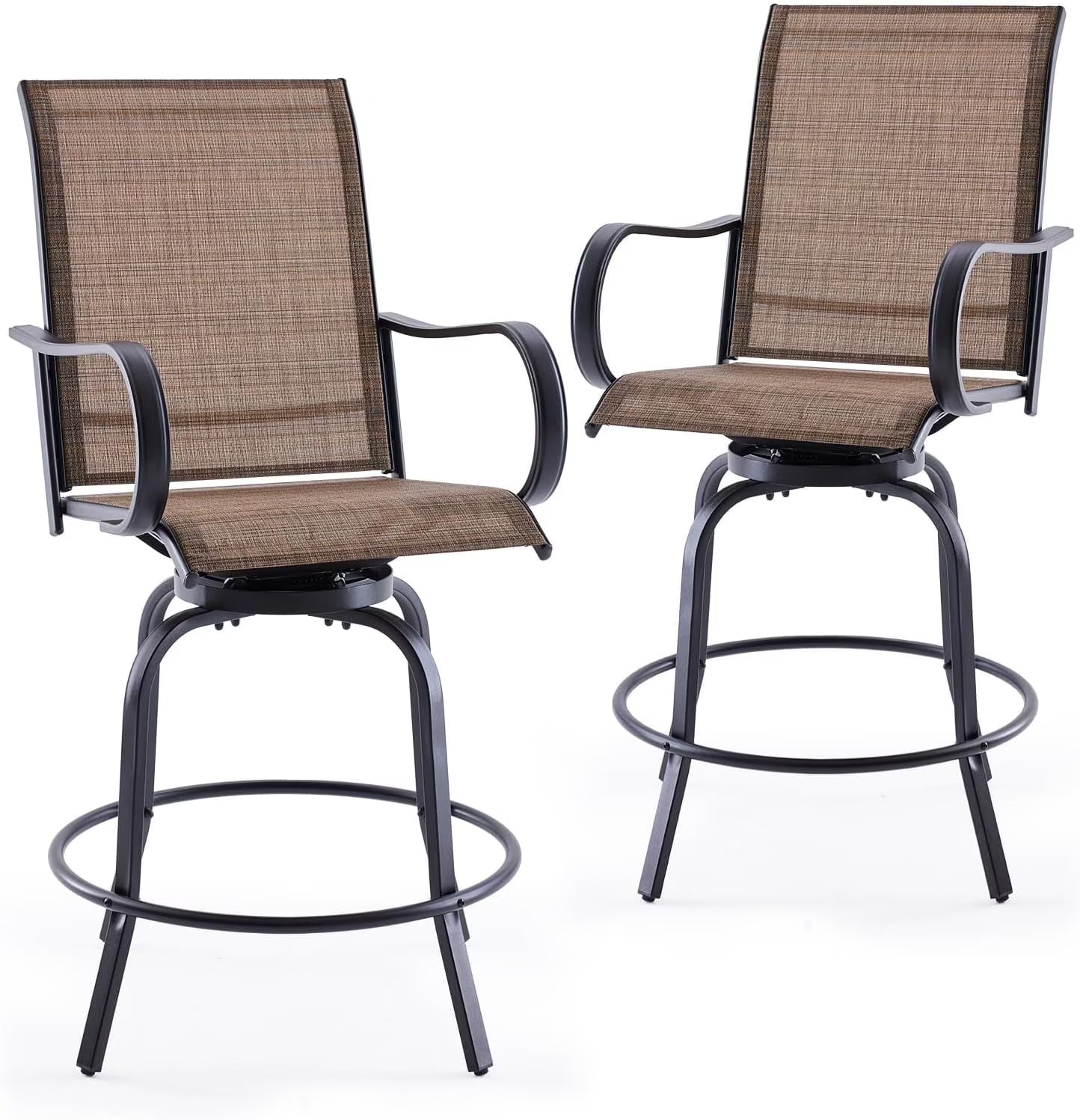 Farini Outdoor Bar Stools Set of 2, 360° Swivel Patio Barstools with Textile Fabric,Ergonomic Comfort Bar Height Tall Outdoor Stools for Balcony,Brown
