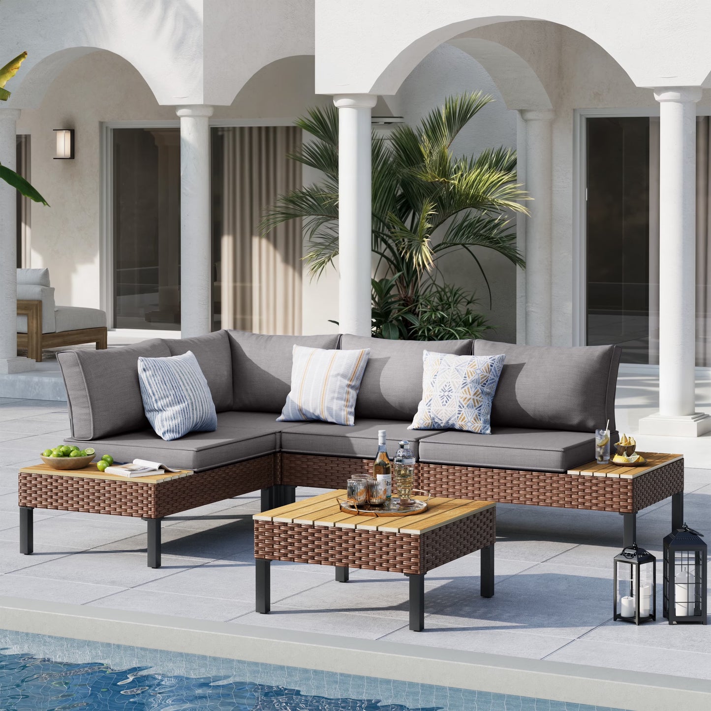 MRUAKA L Shaped Conversation Sectional Sofa Set with Coffee Table, 5 Pieces Patio Furniture Seating Group with Side Table for Backyard Garden, Beige Grey