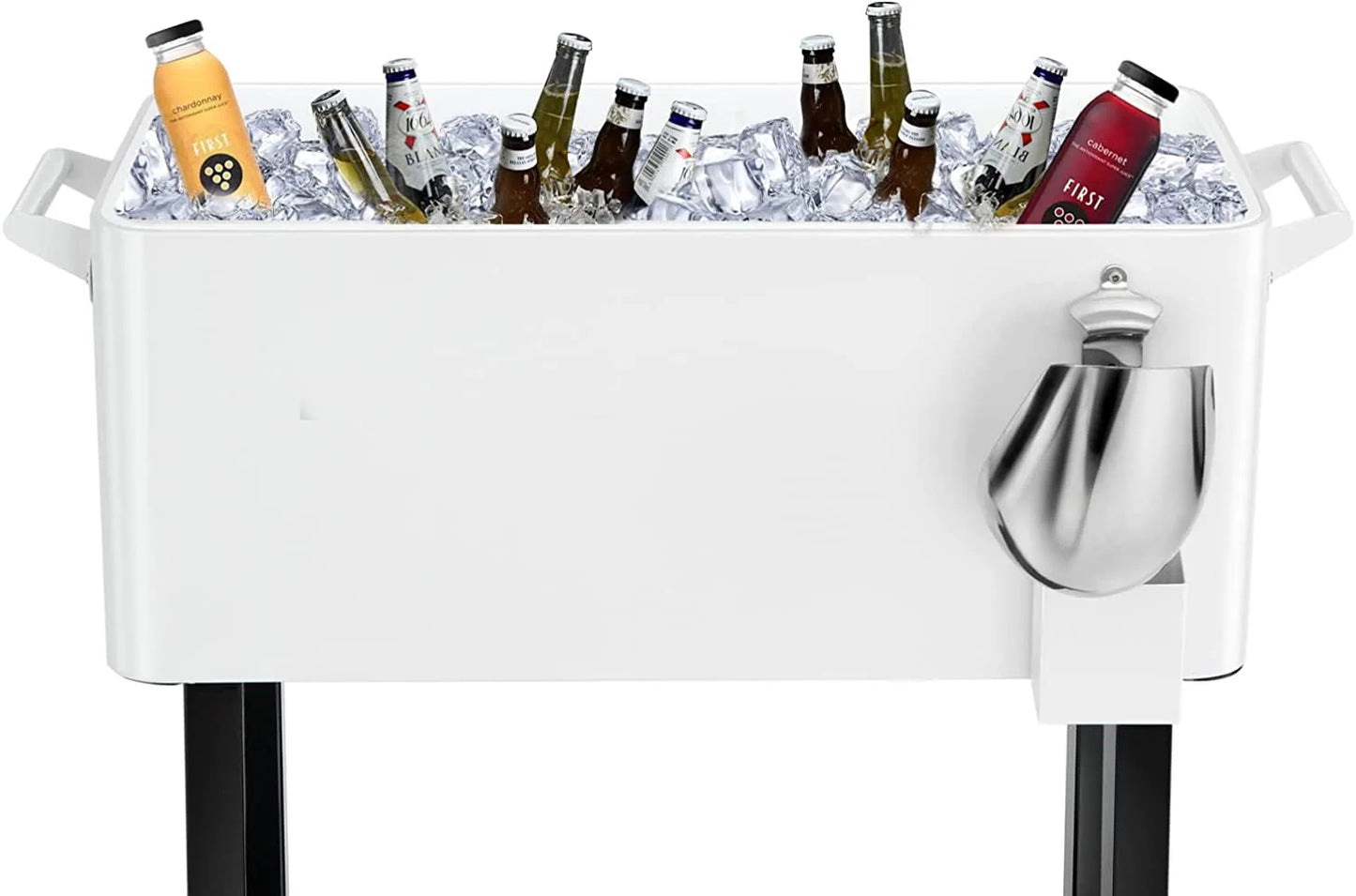 80 Quart Rolling Cooler Cart Ice Chest for Outdoor Patio Deck Party Portable Party Bar Cold Drink Beverage Cart Tub, Backyard Cooler Trolley on Wheels with Shelf, Bottle Opener White