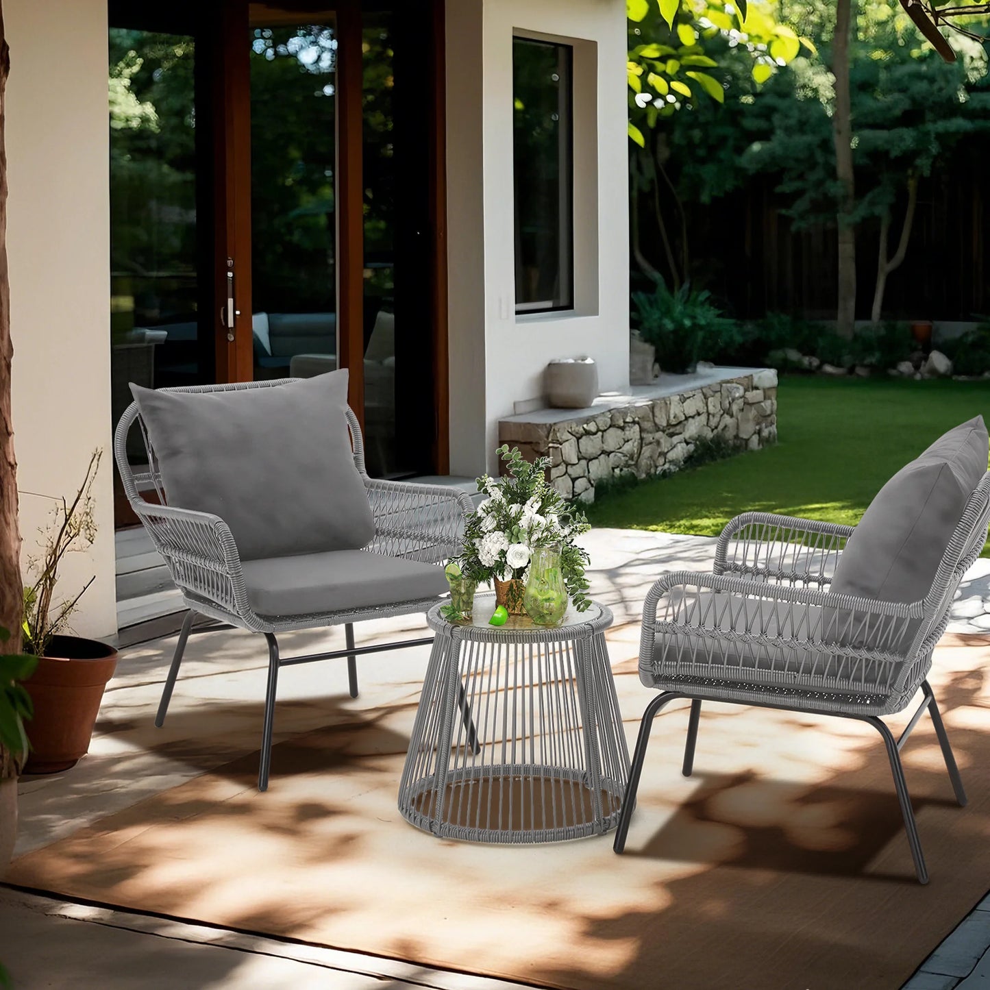 Bezseller 3-Piece Outdoor Wicker Furniture Set, Patio Conversation Set, Gray