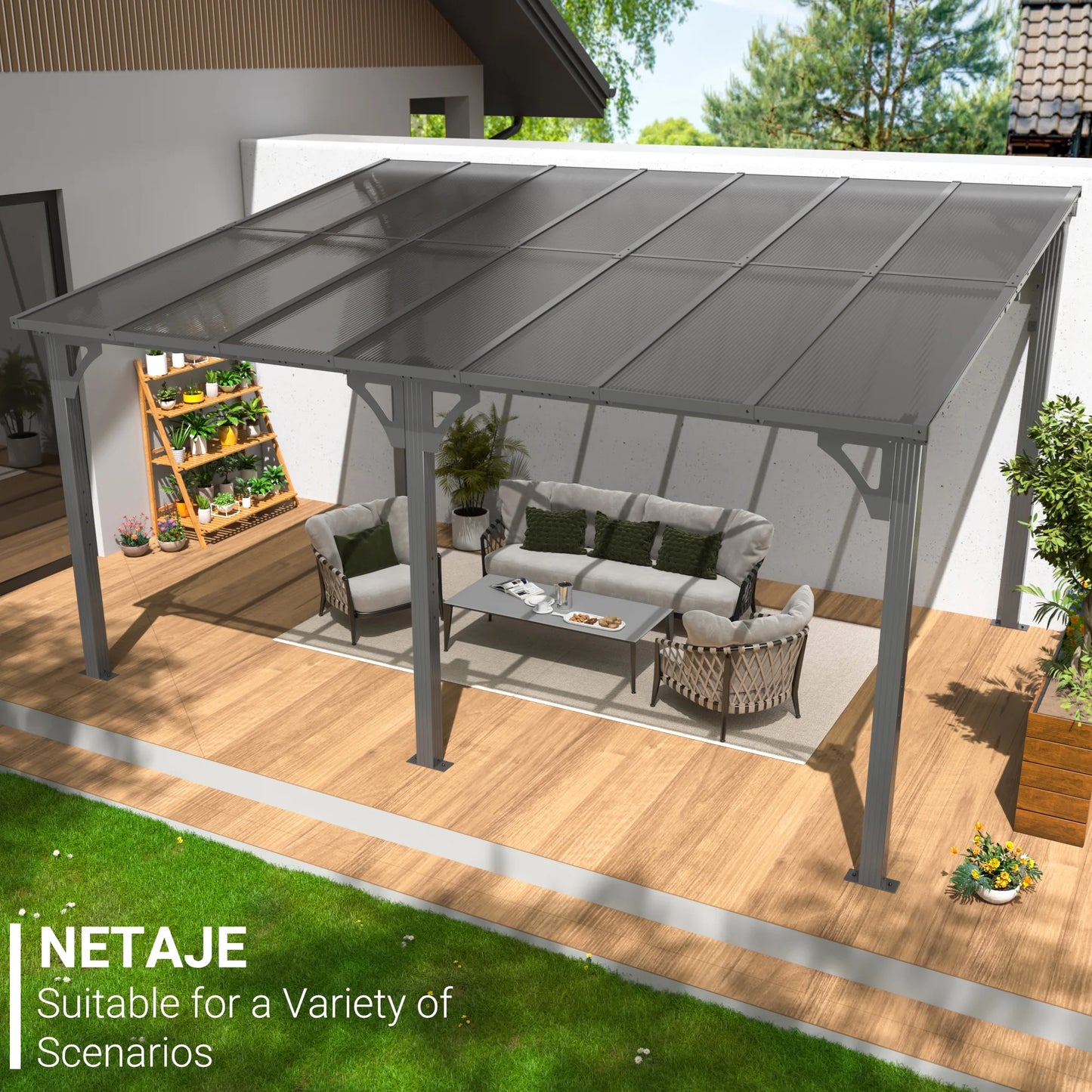 NETAJE 10'x14' Outdoor Splicable Gazebo, Hardtop Wall Mounted Gazebo & Pergola with Aluminum Frame and Sloping Roof, for Backyard, Deck, Patio-Gray