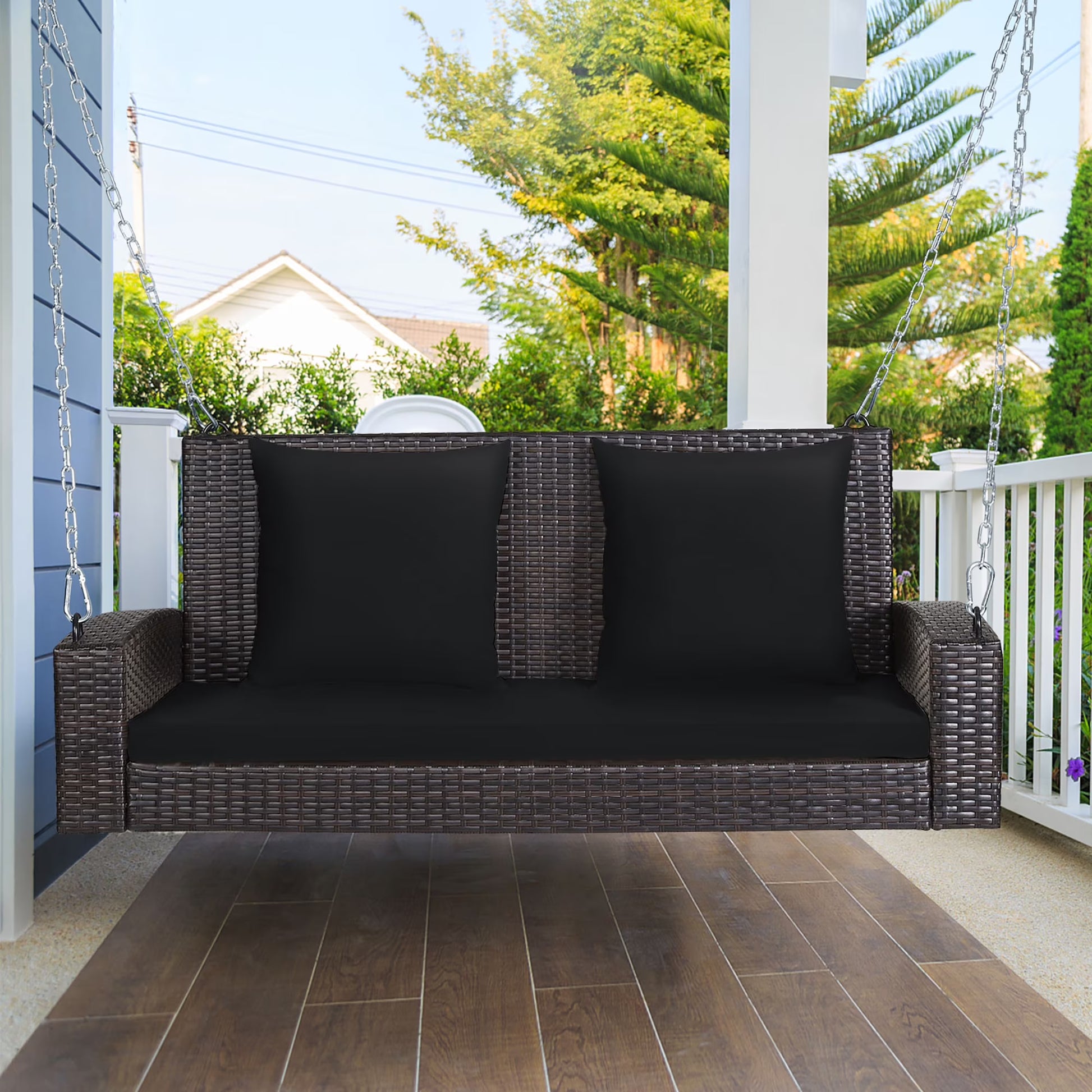 Costway 2-Person Patio Rattan Hanging Porch Swing Bench Chair Cushion Turquoise