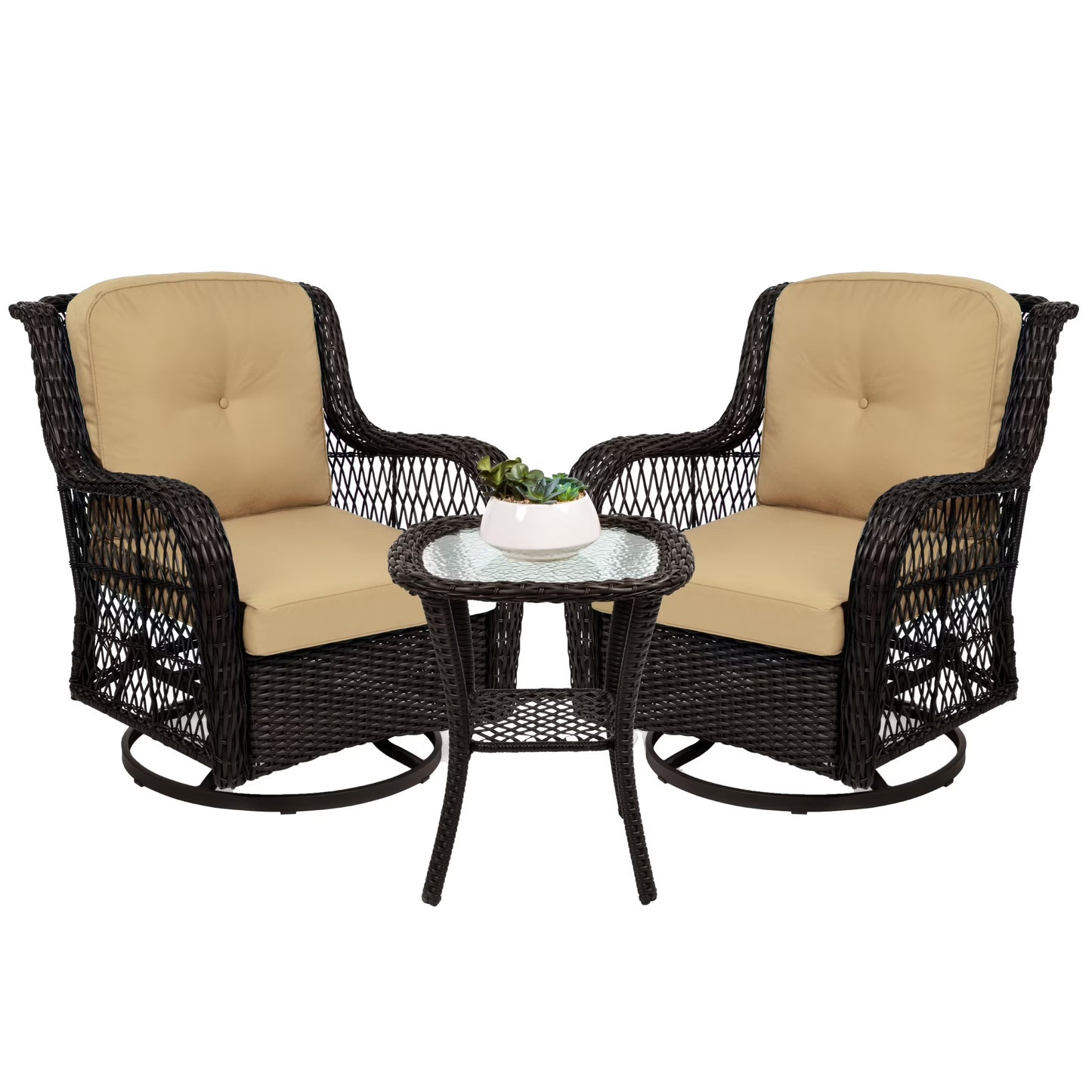 Best Choice Products 3-Piece Patio Wicker Bistro Furniture Set w/2 Cushioned Swivel Rocking Chairs, Side Table - Rust