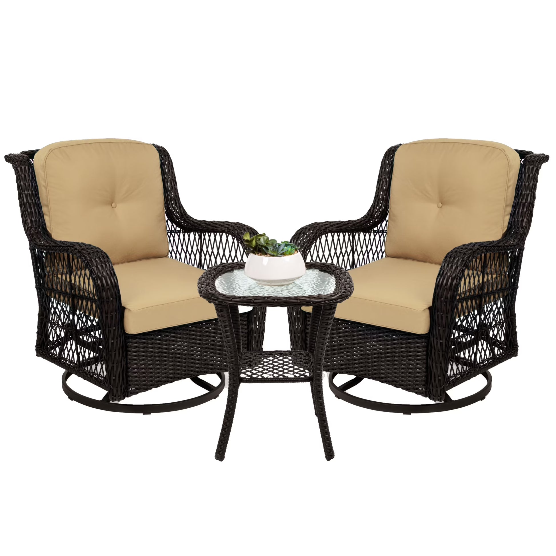 Best Choice Products 3-Piece Patio Wicker Bistro Furniture Set w/2 Cushioned Swivel Rocking Chairs, Side Table - Rust