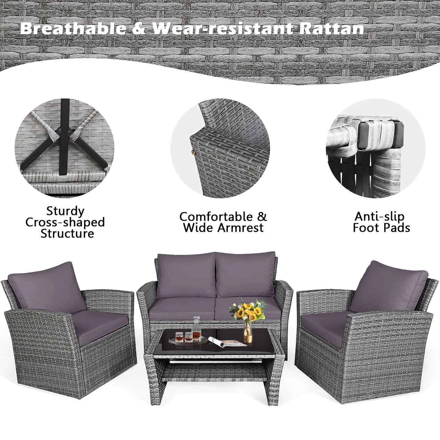 Gymax 4PCS Patio Rattan Conversation Set Outdoor Furniture Set w/Grey Cushions