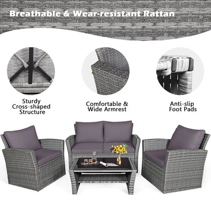 Gymax 4PCS Patio Rattan Conversation Set Outdoor Furniture Set w/Grey Cushions