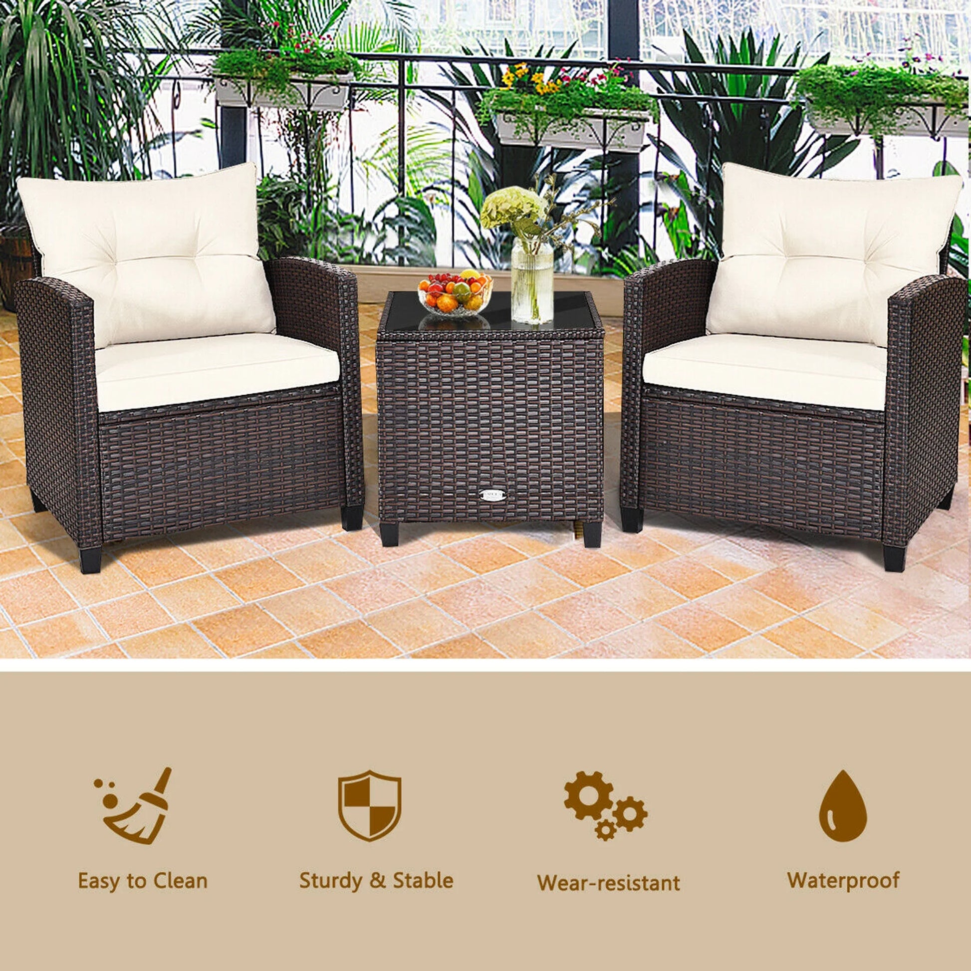 Gymax 3PCS Outdoor Patio Rattan Conversation Set Garden Yard w/Off White Cushions
