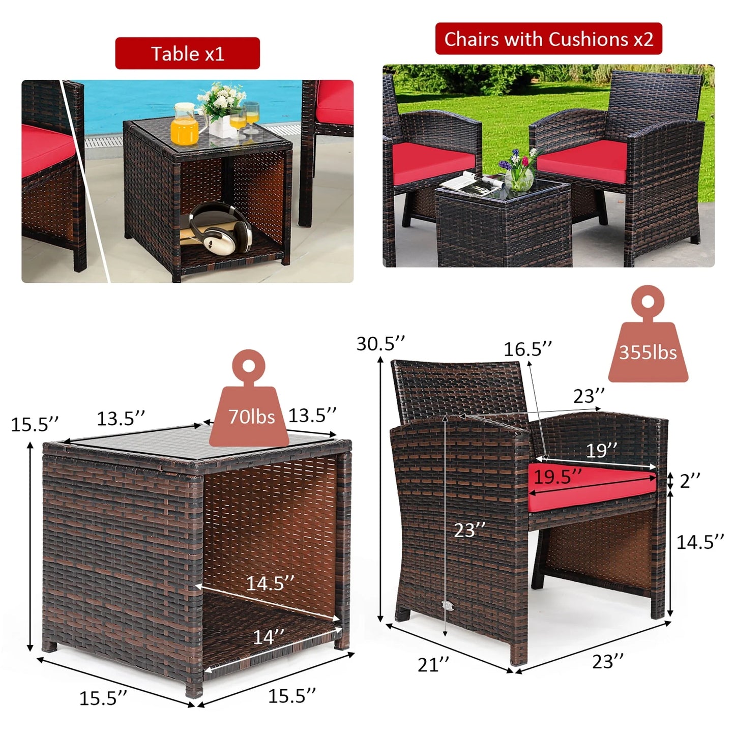Costway 3PCS Patio Rattan Wicker Furniture Cushion Sofa Coffee Table Red