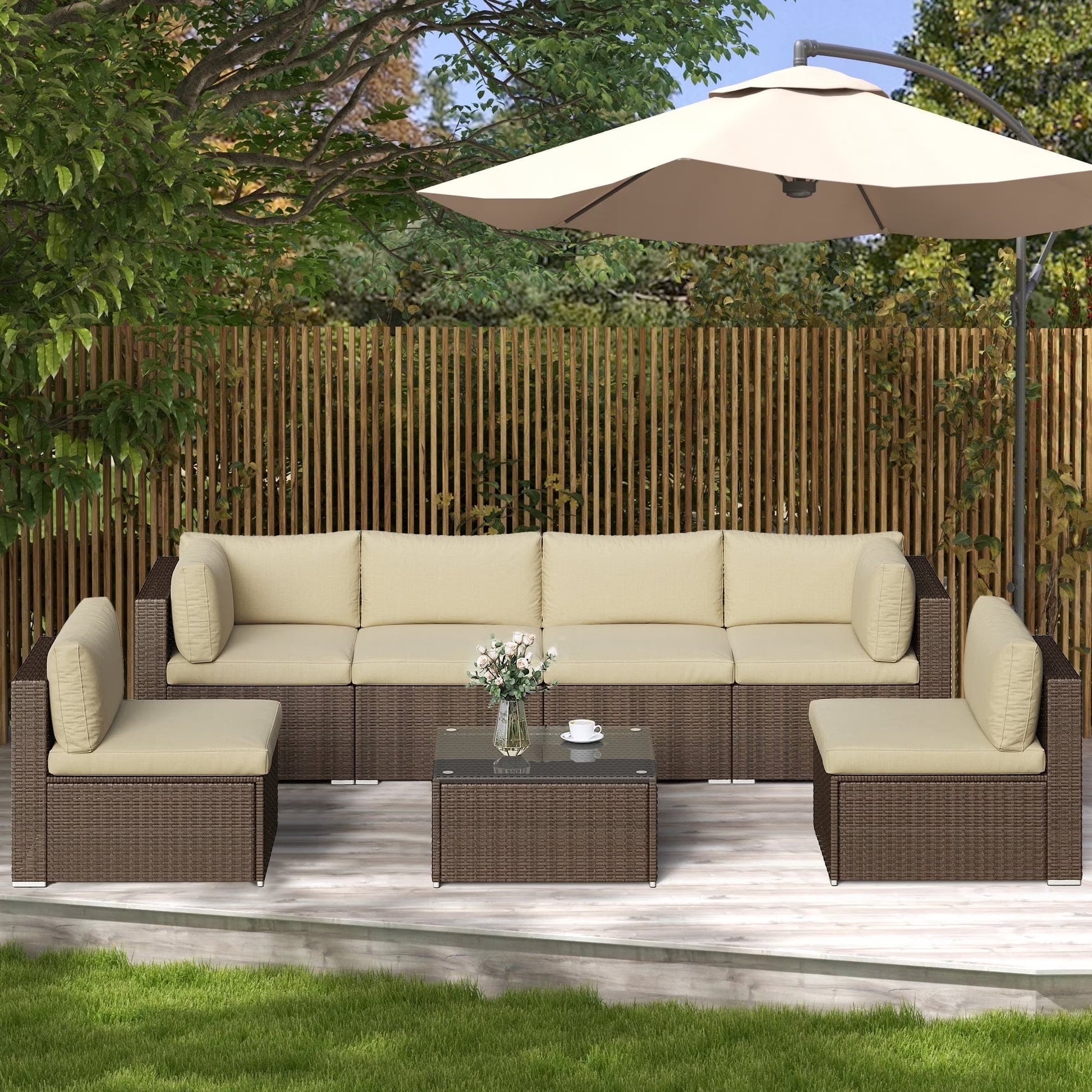 SUNVIVI 7 Pieces Patio Furniture Sets, All-Weather PE Grey Wicker Outdoor Rattan Sectional Sofa, Patio Sofa Couch with Table and Beige Cushions