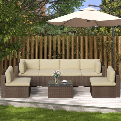 SUNVIVI 7 Pieces Patio Furniture Sets, All-Weather PE Grey Wicker Outdoor Rattan Sectional Sofa, Patio Sofa Couch with Table and Beige Cushions