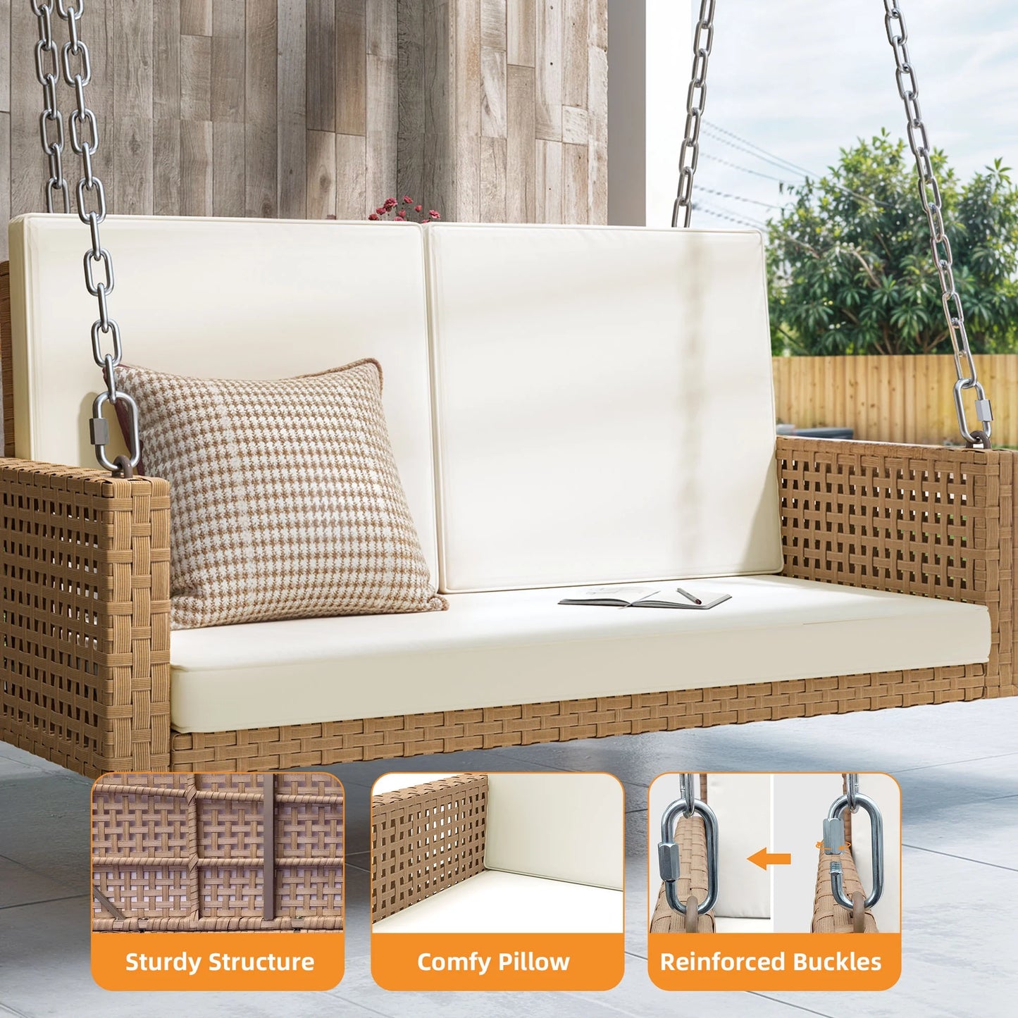 Craftian 2-Person Patio Hanging Porch Swing Rattan 800LBS Swing Bench w/Cushions