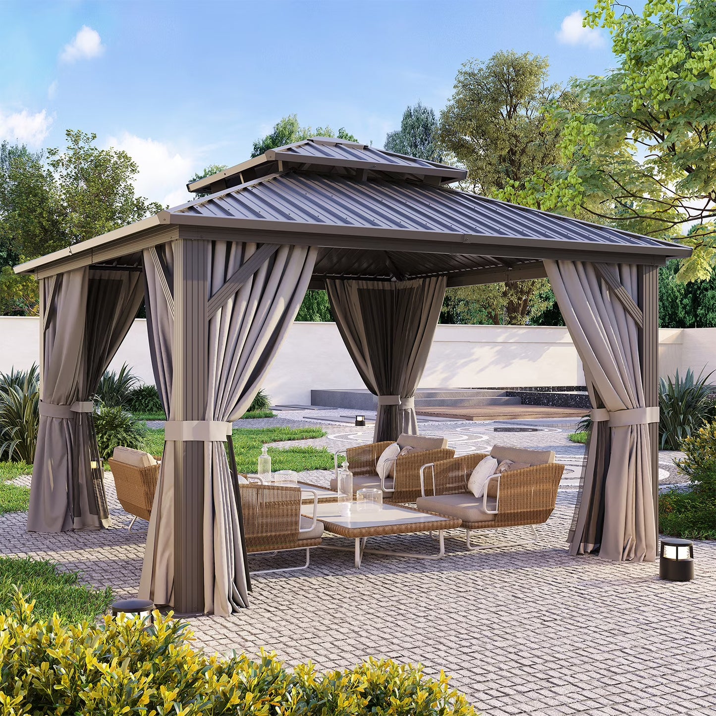 Clouddwell 10' x 12' Gazebo for Patio, Gazebo Pergola with Sloped Roof, Large Wall-Mounted Heavy Duty Awnings, for Deck, Patio and Backyard