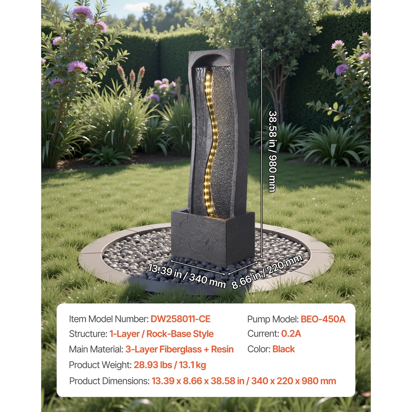 KFFKFF Outdoor Water Fountain, 38.58-Inch Tall with LED Light and Pump, 1-Tier Floor Standing Rock Base Design for Garden, Home, Patio, and Backyard Use