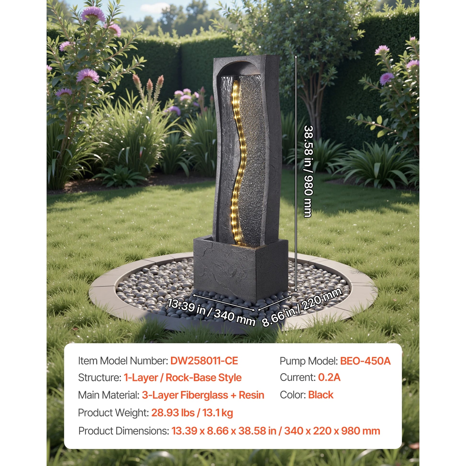 KFFKFF Outdoor Water Fountain, 38.58-Inch Tall with LED Light and Pump, 1-Tier Floor Standing Rock Base Design for Garden, Home, Patio, and Backyard Use