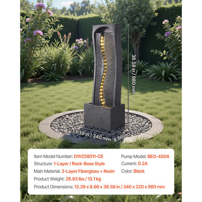 KFFKFF Outdoor Water Fountain, 38.58-Inch Tall with LED Light and Pump, 1-Tier Floor Standing Rock Base Design for Garden, Home, Patio, and Backyard Use