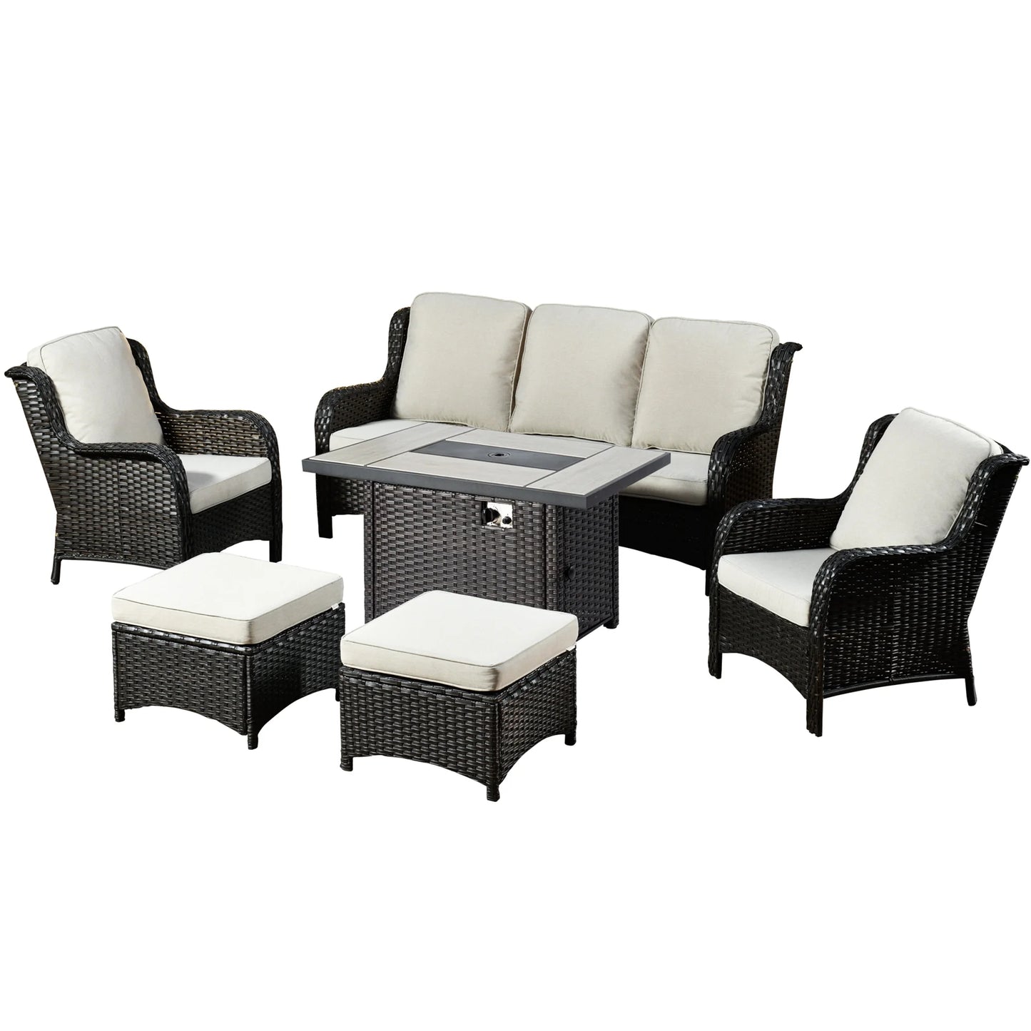 Ovios 6 Pieces Outdoor Furniture with CSA Fire Pit Wicker Patio Conversation Set All Weather Sectional Sofa for Porch